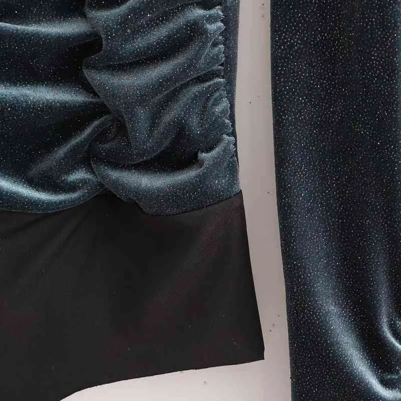 Elegant kvinna Slim Velvet Folds Bofysuits Spring Fashion Ladies Shiny Topps Female Vintage Mock Neck Bodysuit 210515