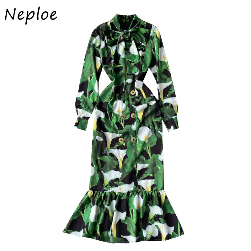 Neploe V Neck Lace Up Bow Design Temperament Dress Donna Vita alta Hip Mermaid Long Vestidos Vintage Print Robe Spring 210510