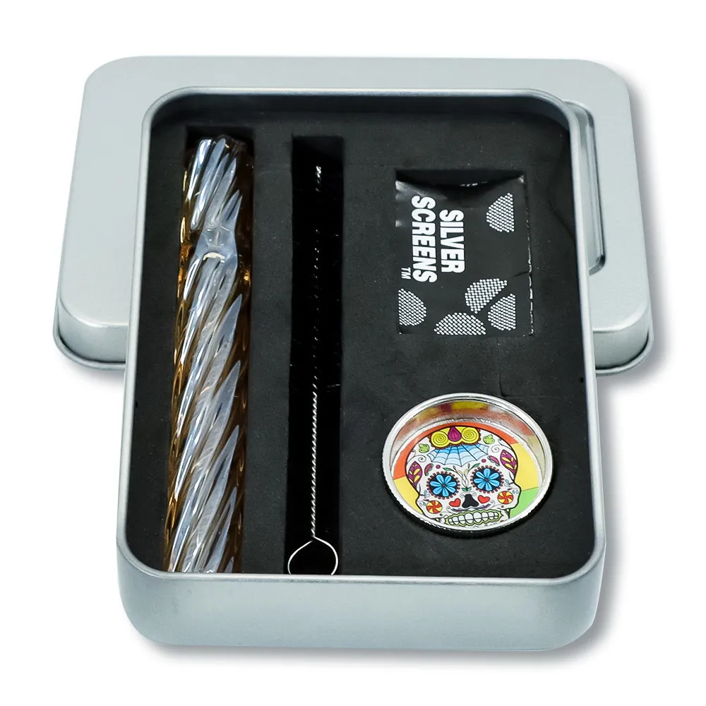 電気メッキねじガラス煙管携帯用メタルシガレットケースセットゴージャスOGチューブグラインダークリーニングブラシフィルタースクリーンセット