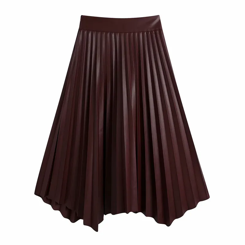Women Autumn Vintage PU Pleated Skirts Solid High waist Fashion Street A-Line Female Elegant Skirt Clothing BB2969 210513