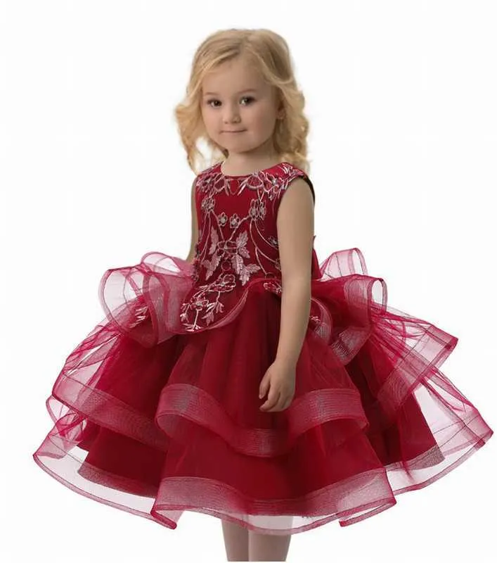 Broderade tutu klänningar lager fluffig gasbind ärmlös prinsessa för flicka baby kläder 3-8y e8755 210610