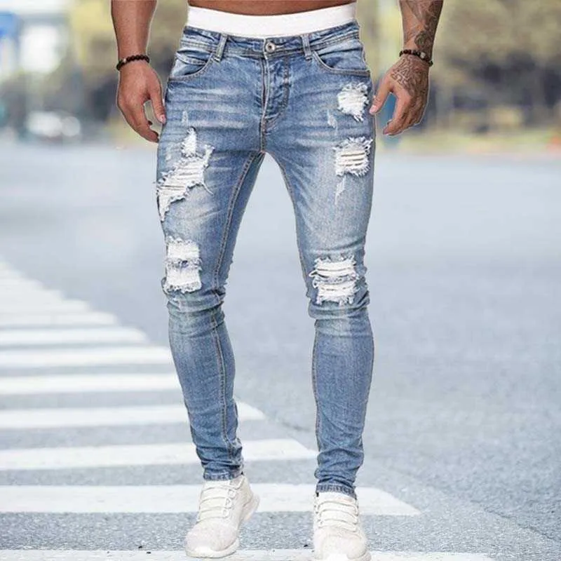 Zwarte Skinny Jeans Mannen Gescheurde Jeans Mannelijke 2021 Nieuwe Casual Gat Zomer Straat Hip Hop Slanke Denim Broek Man Mode jogger Broek X0621