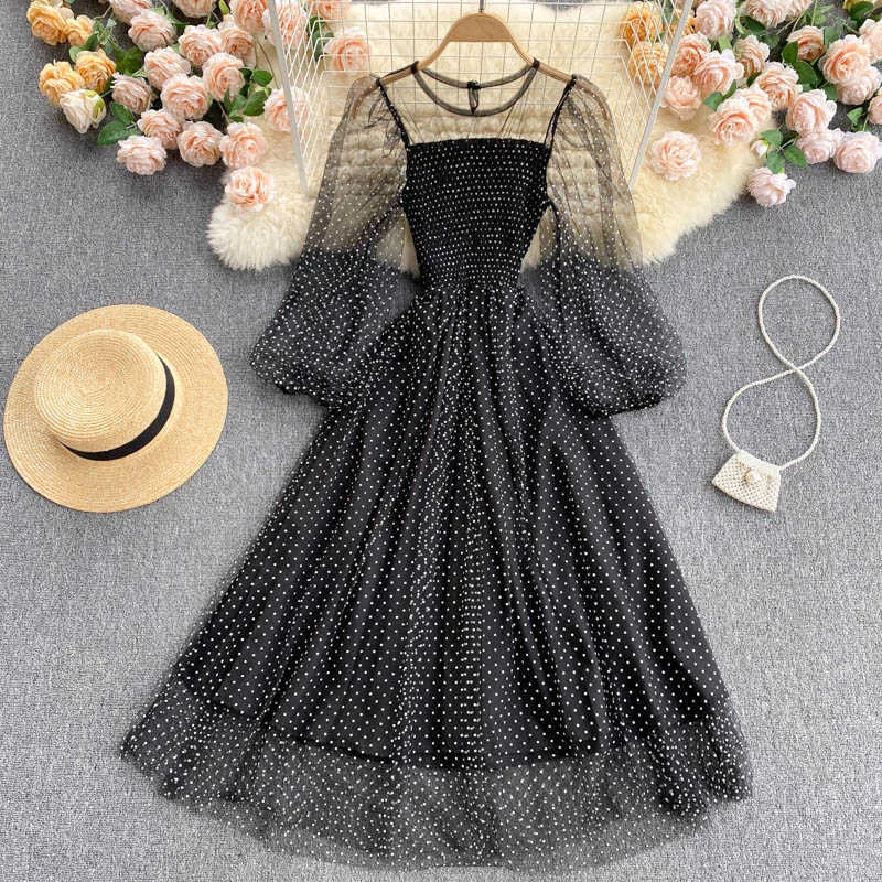 Estate Donna Polka Dot Mesh Patchwork Midi Dress Vintage Girocollo Puff Manica lunga Vita alta A-Line Abiti Donna 2021 Nuovo Y0603