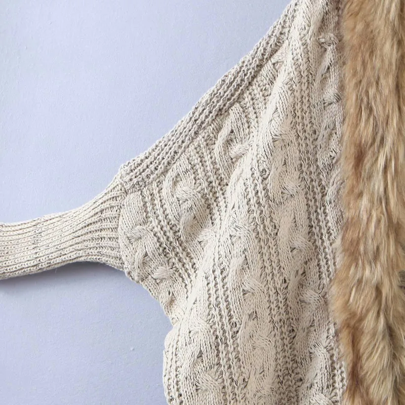 Kvinnor Autumn Cardigans Stickad Sweater Coats Losing Batwing Sleeve Öppna Stitch Fur Collar Kvinna Bandage Ytterkläder 210513
