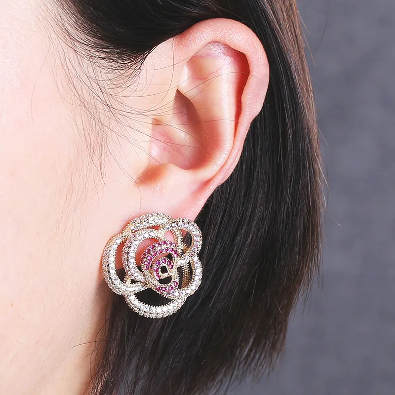 Marque de luxe mode coréenne accessoires d'été camélia avec fleur de zircon boucle d'oreille femmes pour cadeaux