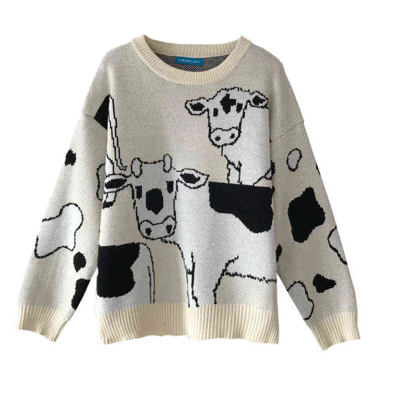 XUANHAO Vintage Casual Lazy Cow Sweater Female Korean Harajuku Sweaters Japanese Kawaii Cute Ulzzang Jumpers Drop Ship Y1118