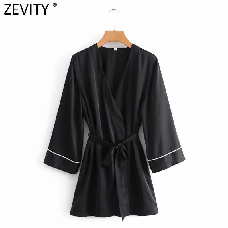 ZEVITY Kadınlar Vintage Çapraz V Boyun Katı Rahat Ince Lace Up Kimono Mini Elbise Bayanlar Chic Uzun Kollu Sashes Vestido DS4964 210603