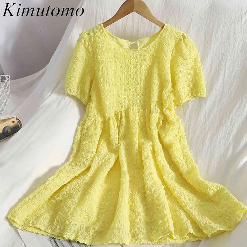 Kimutomo Solide Robe à manches bouffantes Femmes Sweet Style coréen Été O-Cou Haute Taille À Lacets A-Line Mini Robes Casual 210521