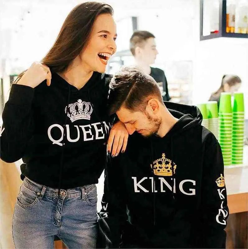 Poshfeel King Queen imprimé couple sweat à capuche Sweat-shirt Lovers Couples Casual Pullovers Gift 211220