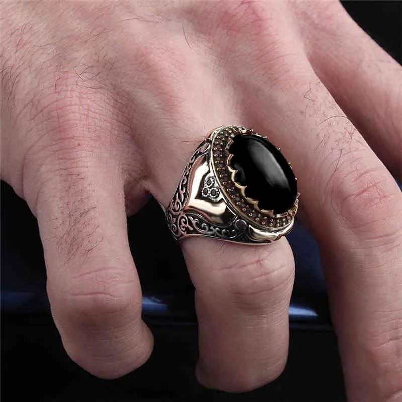 New Retro Turkish Handmade Silver Color Men Rings Vintage Carved Hollow Pattern Black Zircon Stone for Women Punk Jewelry28410949323316
