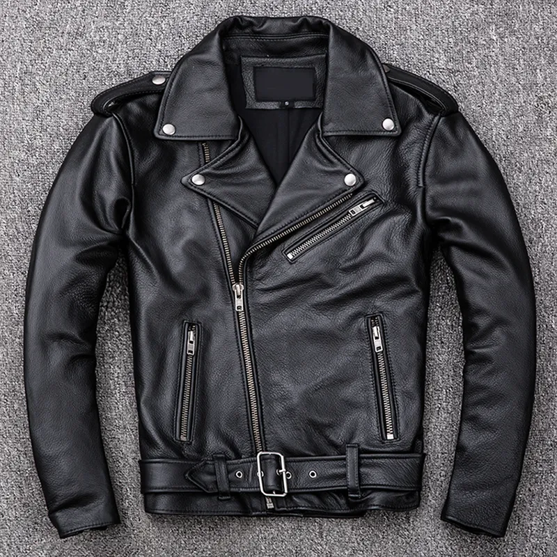 Printemps classique Moto oblique fermeture éclair vestes hommes veste en cuir peau de veau naturelle épaisse mince peau de vache Moto veste homme