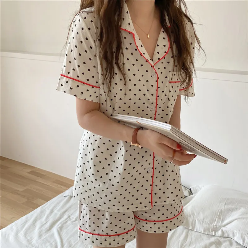 Yaz Kısa Pijama Tatlı Gecelikler Dinsiz Yaka Homewear Polka Dot Pamuk Gevşek İki Parçalı Suit Setleri 210525