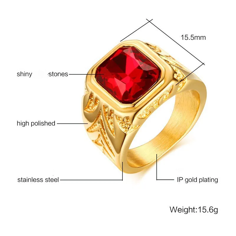 Square Red Gemstones Cyrkonia Diamenty Pierścienie Dla Mężczyzn 18K Złoty Kolor Titanium Ze Stali Nierdzewnej Luksusowa Biżuteria Bijoux Bague Akcesoria