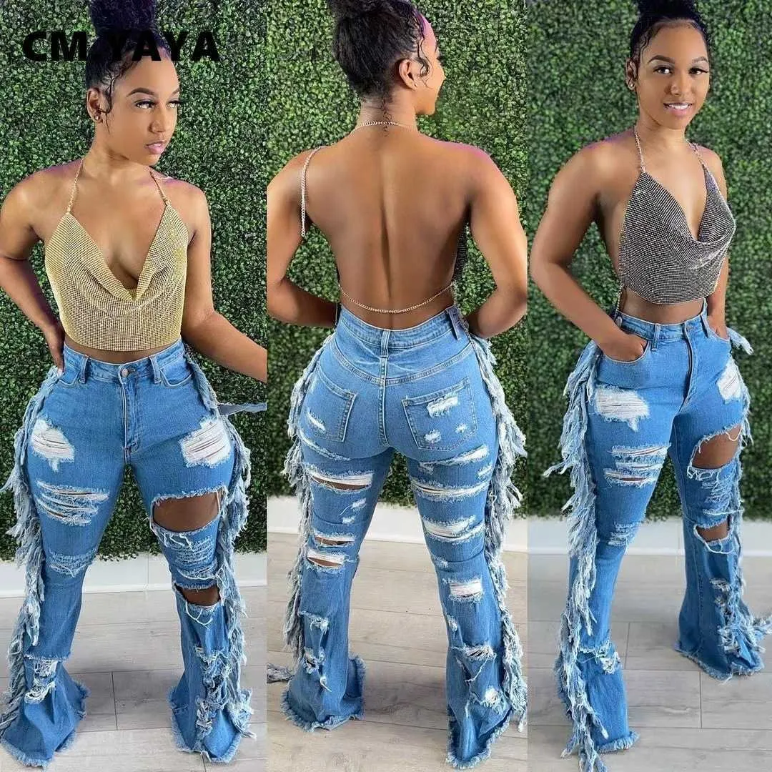 CM.YAYA Women Jeans Mid Waist Zipper Fly Ripped Full Length Flare Pants Female Fashion High Street Summer Trousers 210720