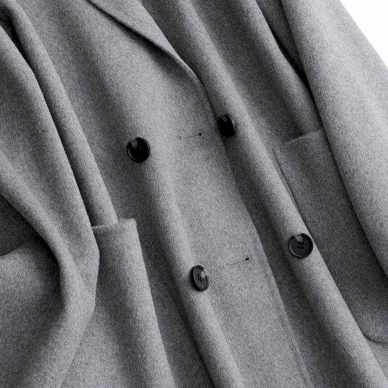 女性のミディーニングコート襟ドラックスボタンデザイン100％ウールの女性灰色の黒秋のウールコートカザコフェミニノ211130