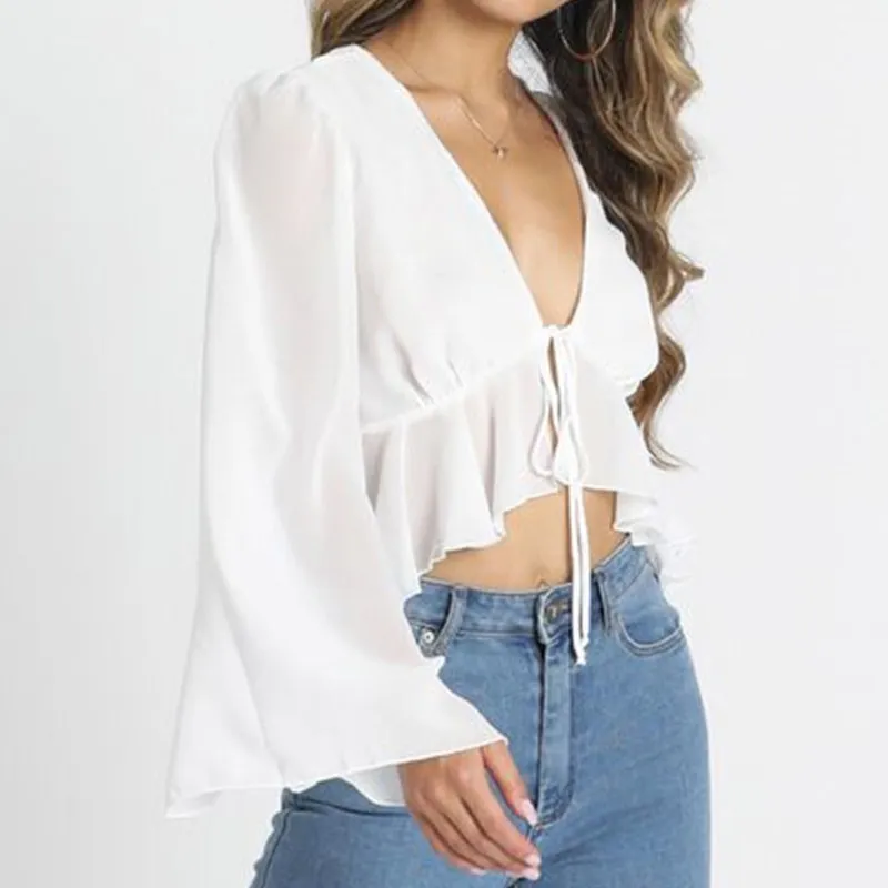 Foridol flare sleeve white chiffon blouse shirts women autumn winter v neck ruffle pelpum sheer blouse crop tops tie front top 210415