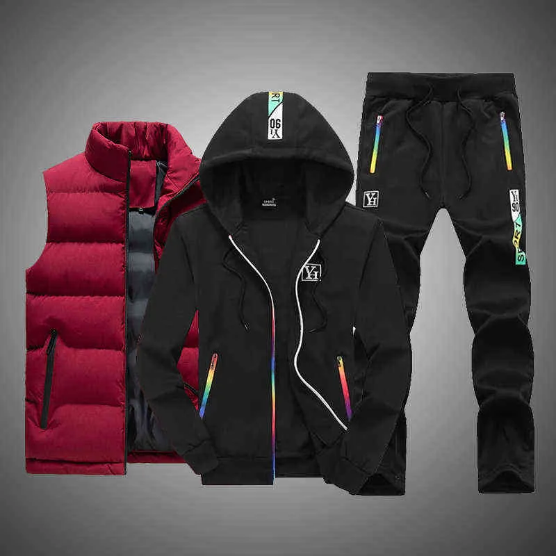 Großhandel Sweatsuits Neue Winter Männer Sets 3 Stück Set Weste Hoodie Sweatpant Warme Casual Herren Trainingsanzüge 2021 Designer Kleidung G1217