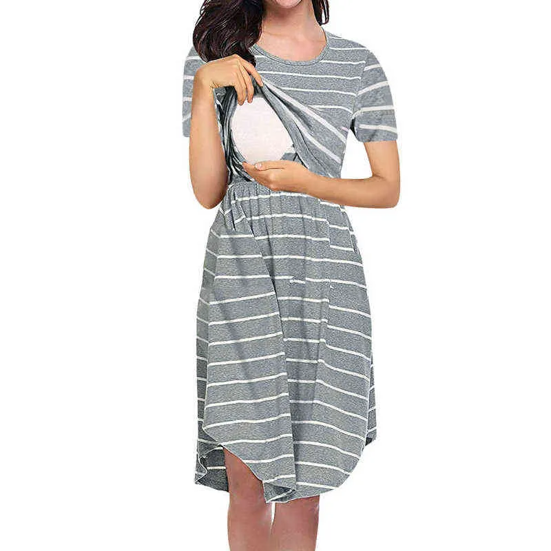 Maternity Striped Dress Maternity Round Collar Stripes Fulltryck Vit knälängd Oregelbunden Kjol Kortärmad Nursing Dress G220309