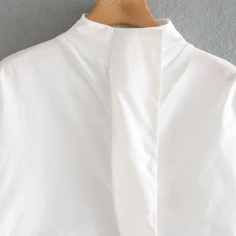 Vestido plisado de verano para mujer, manga larga, cuello levantado, camisas blancas informales, Mini vestidos elegantes de calle para mujer 210513
