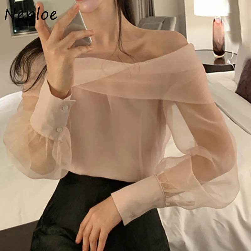 Neploe Slash Neck Schulter Trägerlose Mesh Bluse Frauen Frühling Pullover Langarm Blusas Solide Slim Fit Wild Shirt 210401