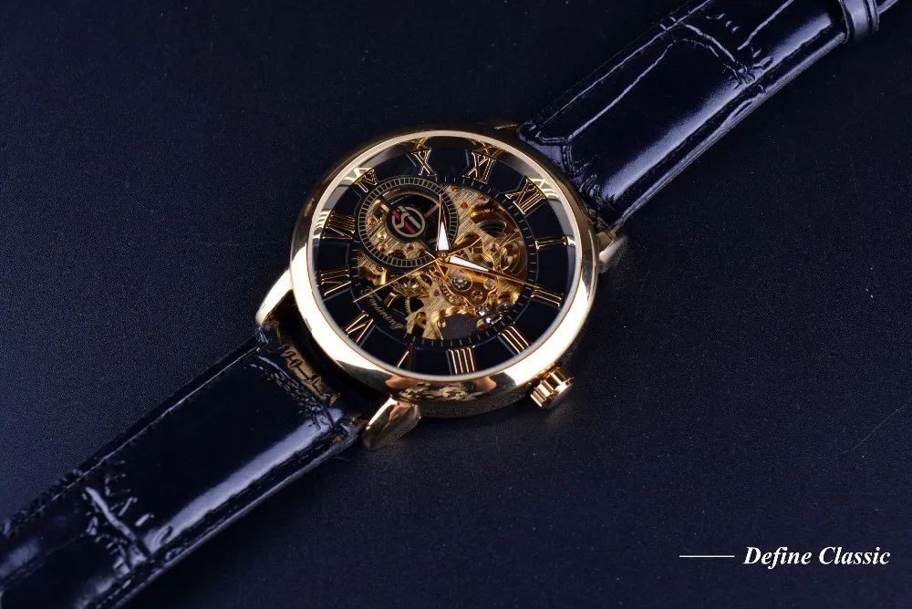 Forsining 3D дизайн полый гравировка черный золотой корпус кожаный скелет механические часы мужчины роскошный бренд герен Хорлог