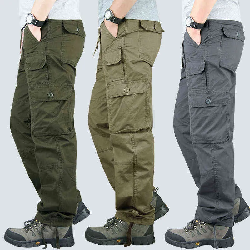 Hombres Pantalones de carga Outwear Multi Bolsets Militares Táctica Monos Trabajos Rectos Pantalones de algodón holgado Ejército Otoño más 5xl Pantalones G220224