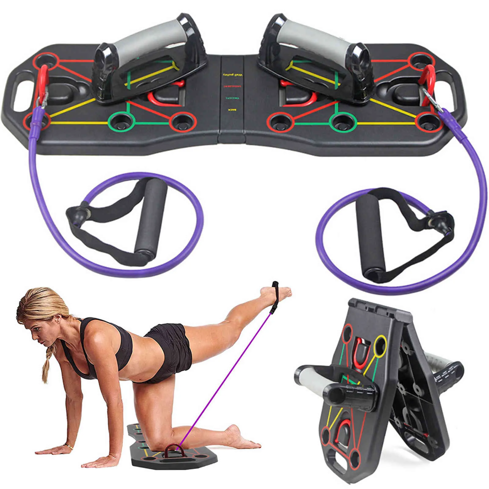 Multifunktionales faltbares Push-up-Board-System mit Widerstandsrohrbändern, Zugseil, Bodybuilding, Workout, Push-up-Standbrett X0524