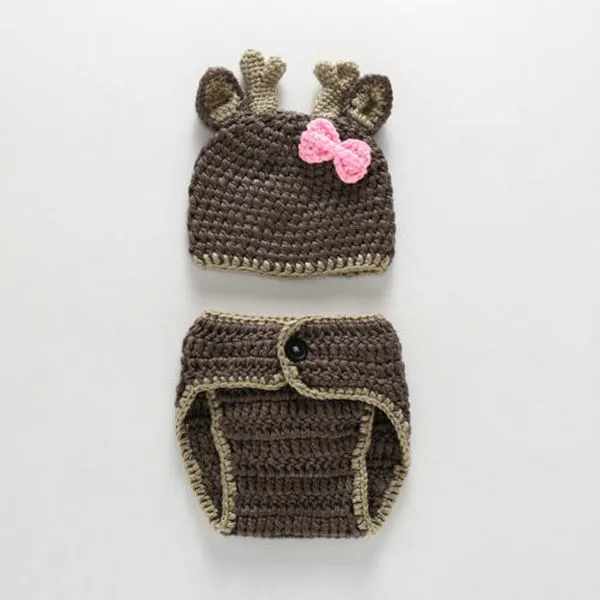 Nouveau-né photographie accessoires bébé chapeau noël cerf conception à la main Crochet cerf Costume ensemble tricoté chapeaux et pantalons ensemble