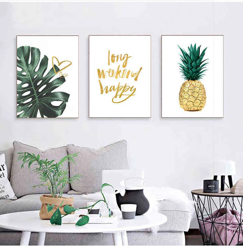 Pintura en lienzo de hojas verdes de piña dorada nórdica, arte de pared, letras, citas, carteles e impresiones, imágenes de plantas para sala de estar 211222