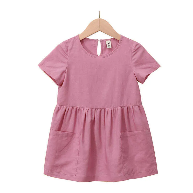 2021 Mode Coton Lin Summer Girl Robe Jaune Casual Manches courtes Enfants Robe de vacances avec poches TZ20 Q0716