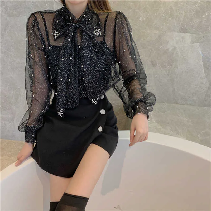 Kanske är du kvinnor mode beaded mesh grundläggande tulle hollow out ruffles blouse lady bow krage flare ärm blusar söt skjorta b3049 210529