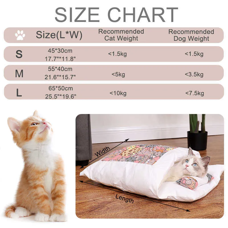 Japanese Cat Bed Warm Sleeping Bag Deep Sleep Cave Winter Removable Pet House for s Dogs Nest Cushion with Pillow 211006