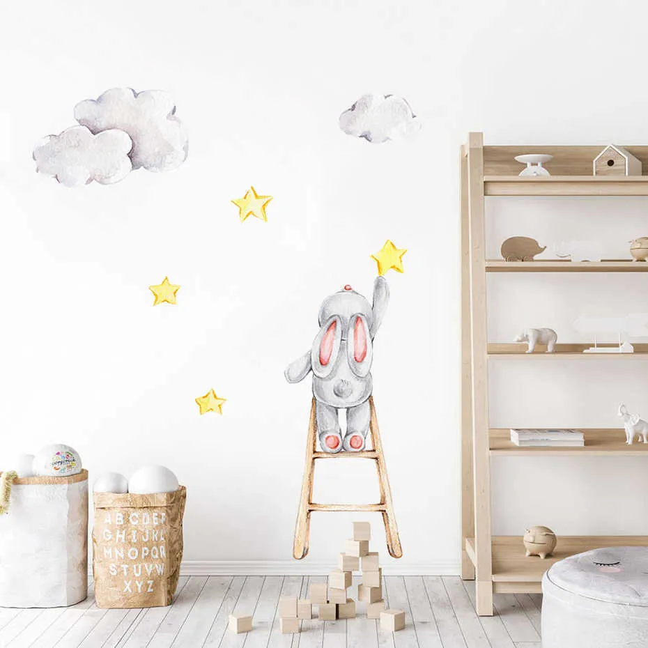 Симпатичный акварельный кролик на лестнице звездам Съемки Съемные наклейки на стенах писательные наклейки плакаты ПВХ девочки спальня домашняя декор 29040457