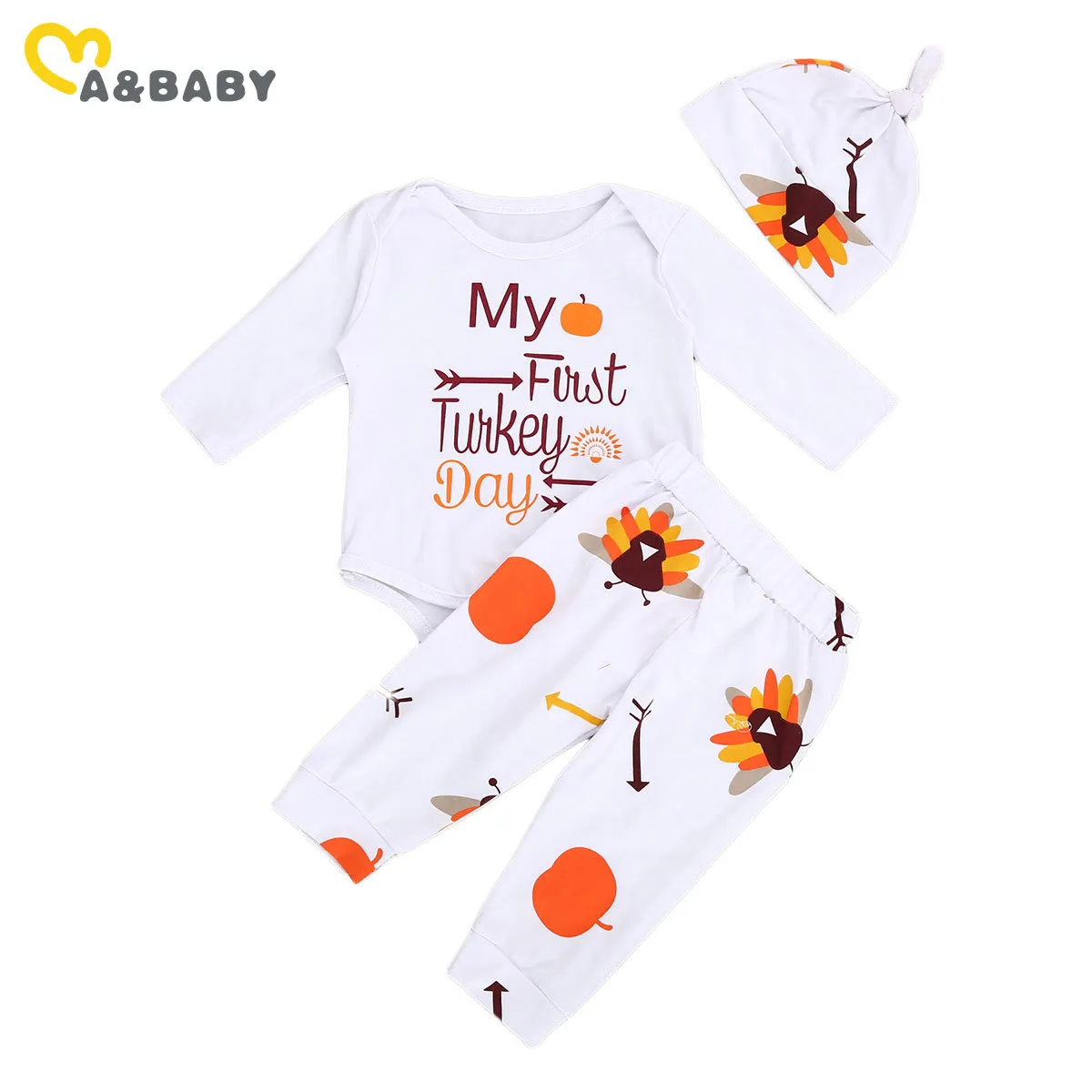 0-24M My 1st Thanksgiving Day Baby Boy Girl Clothes Set Cartoon Turkey Romper Pants Hat Outfits 210515