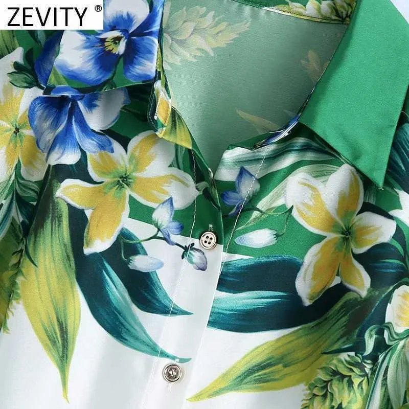 Zevity Kobiety Vintage Green Flower Print Casual Slim Satin Koszula Sukienka Kobiet Chic Side Split Sashes Kimono Vestidos DS8116 210630