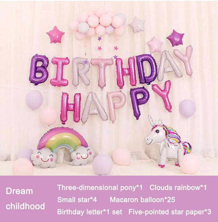 Decorazione di buon compleanno Cartone animato Unicorno Set di palloncini in pellicola di alluminio Palloncini feste bambini