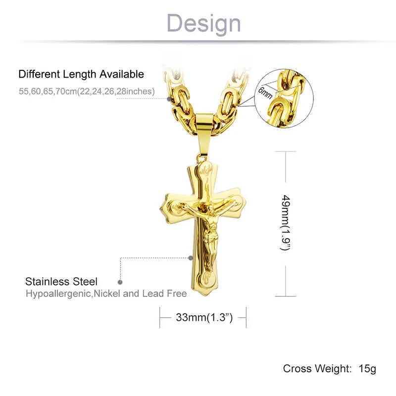 Religiös Jesus Cross -halsband för män Guld i rostfritt stål Crucifix -hänge med kedjans manliga smycken gåva 210721246L