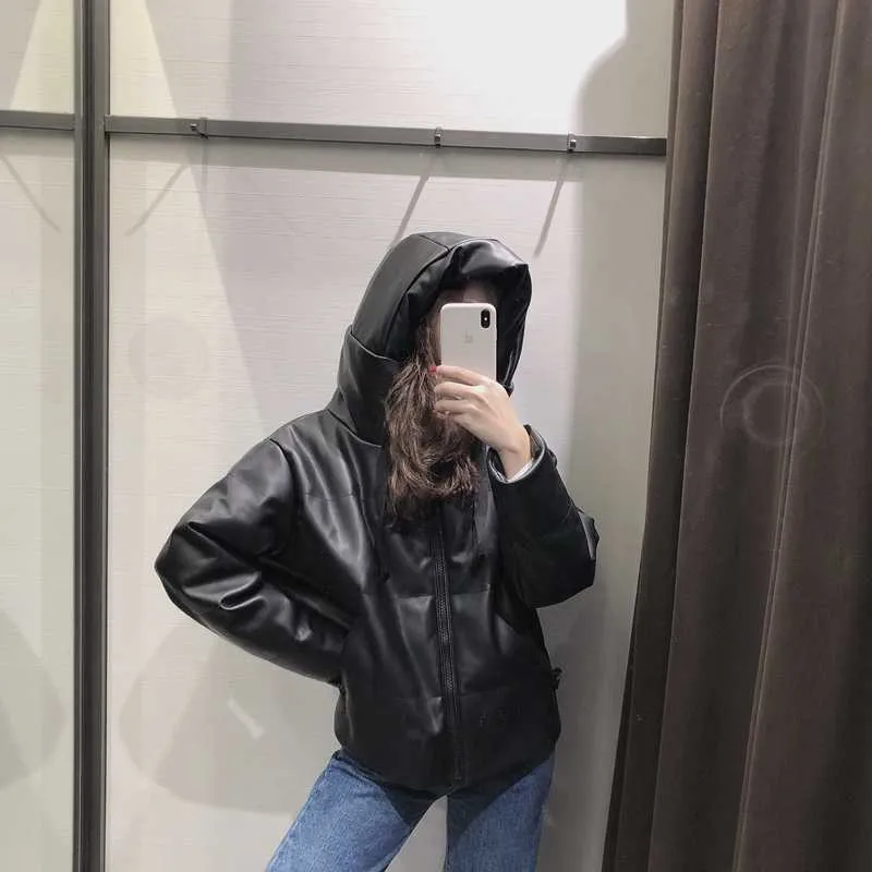 Vinterjacka Kvinnor Parka Vintage Black Leather s Coats Streetwear Kvinna Puffer Korean Hooded Coat 211013