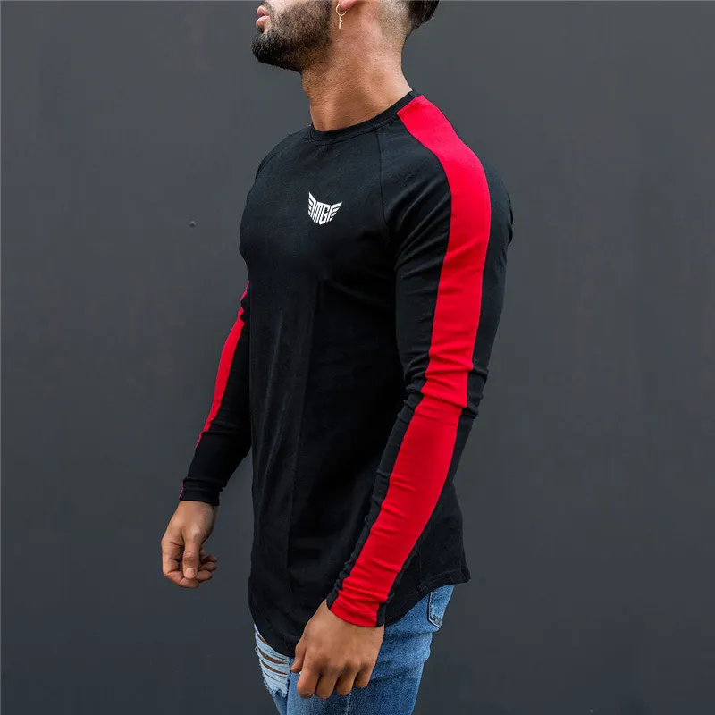 Mode O-Neck T Shirt Men Patchwork Bomull TEE Top Male Hiphop Streetwear Långärmad Fitness Tshirts Män Slim Fit Tee Shirts 210421