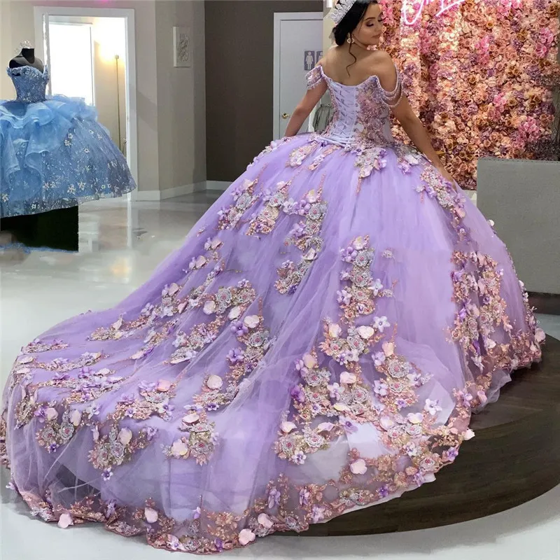 Luxe épaules dénudées perles Quinceanera robes lavande lilas robe de bal douce 16 ans robe de princesse pour robes de 15 a os anos253Y