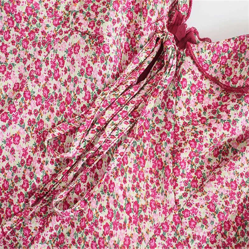ZA Floral Print Wzburzyć Letnia Sukienka Kobiety Bez Rękawów Paski Vintage Mini Sukienki Kobieta Chic Front Krawata Różowa Suknia Plażowa 210602