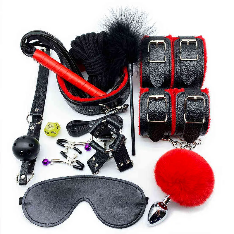 NXY SM Sex Toy Adulte Vrdios Jouets Exotiques Menottes Gag Collier Fouet Mamelon Pinces Jeu Bdsm Bondage Ensemble Contraintes pour Femmes Anal Butt Plug1220