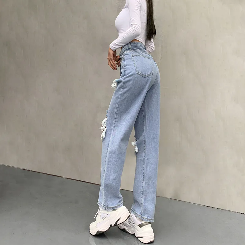 Y2K Hole Ripped Jeans Mujer Cintura alta Burr Casual Straight Denim Pants Long Baggy Boyfriend Oversize Streetwear 210517