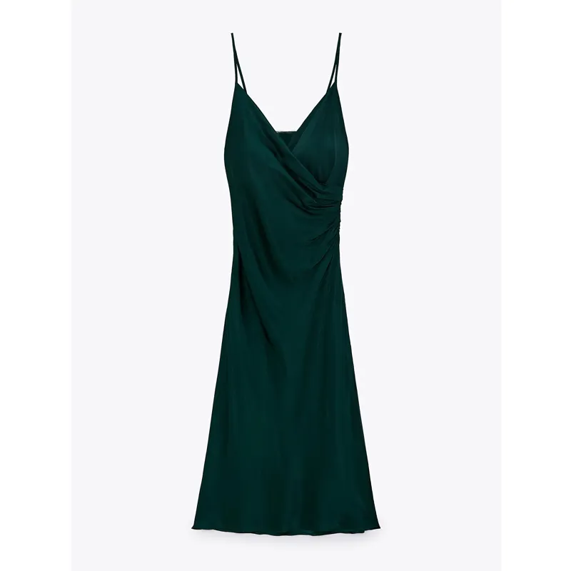 Vuwwyv Green Satin Slip Klänningar För Kvinnor Sommar Sexig Backless Party Midi Klänning Kvinna Draped Camisole Ladies Vestidos 210430