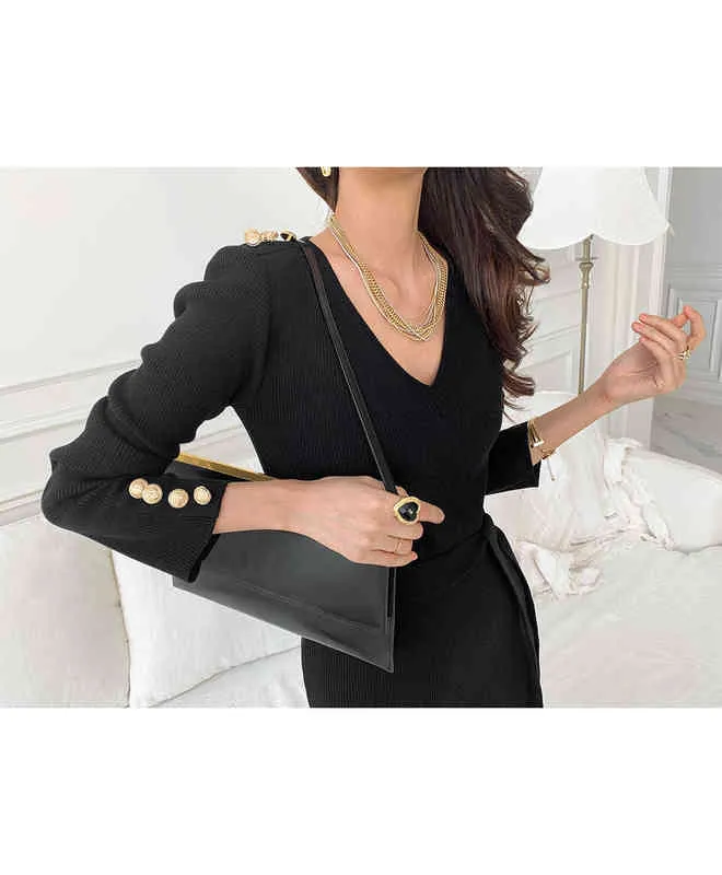 Elegant V Neck Split Midi Dress 2021 Autumn Winter Women Korean Chic Knit Sweater Dress Button Long Sleeve Sashes Bodycon Dress Y1204