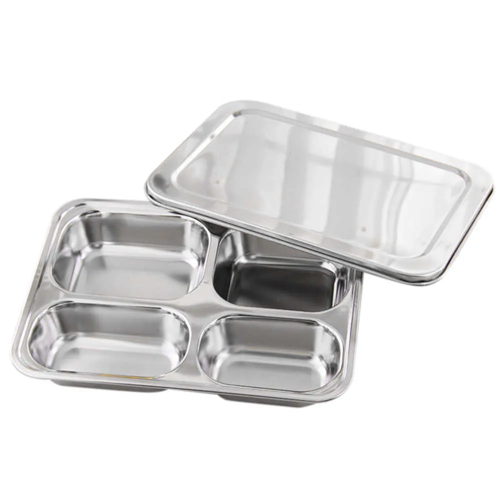 Plateau de récipients de nourriture de plaque d'acier inoxydable avec des compartiments Sliver Bento Lunch Boxs avec le couvercle pour la vaisselle de restaurant de cantine 210925