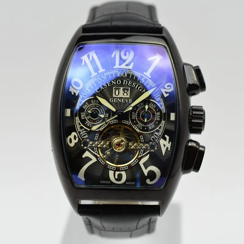 Tourbillon Mechanical Watch Men Luxury Top Brand Caseno Leather Band Daydate Automatic Skeleton Drop-Skip Handwatchswatches3154