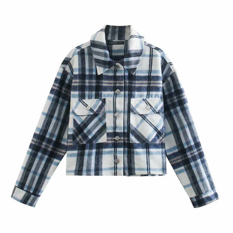 ZA Cropped Plaid Overshirt Women Long Sleeve Patch Pockets Vintage Shirt Female Fashion Side Vents Metal Button Short Top 210602