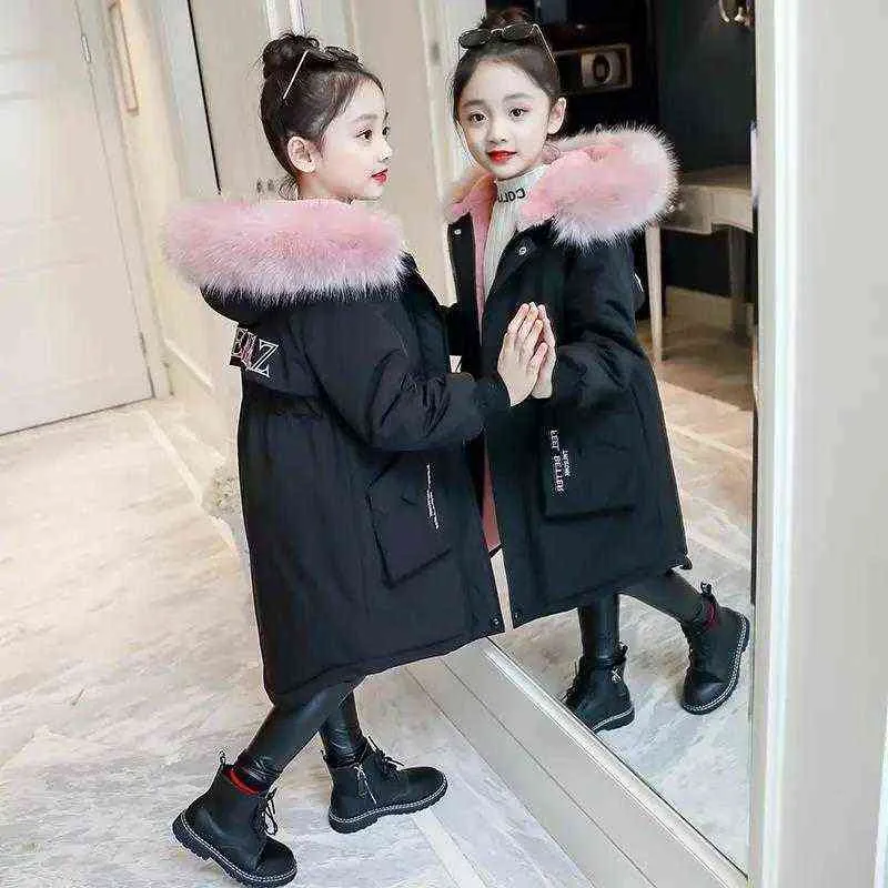 Children Winter Jacket Fashion Girl Clothing Kids Clothes Parka Faux Fur Coat Hooded Snowsuit Teen Thick Velvet Outerwear 211203