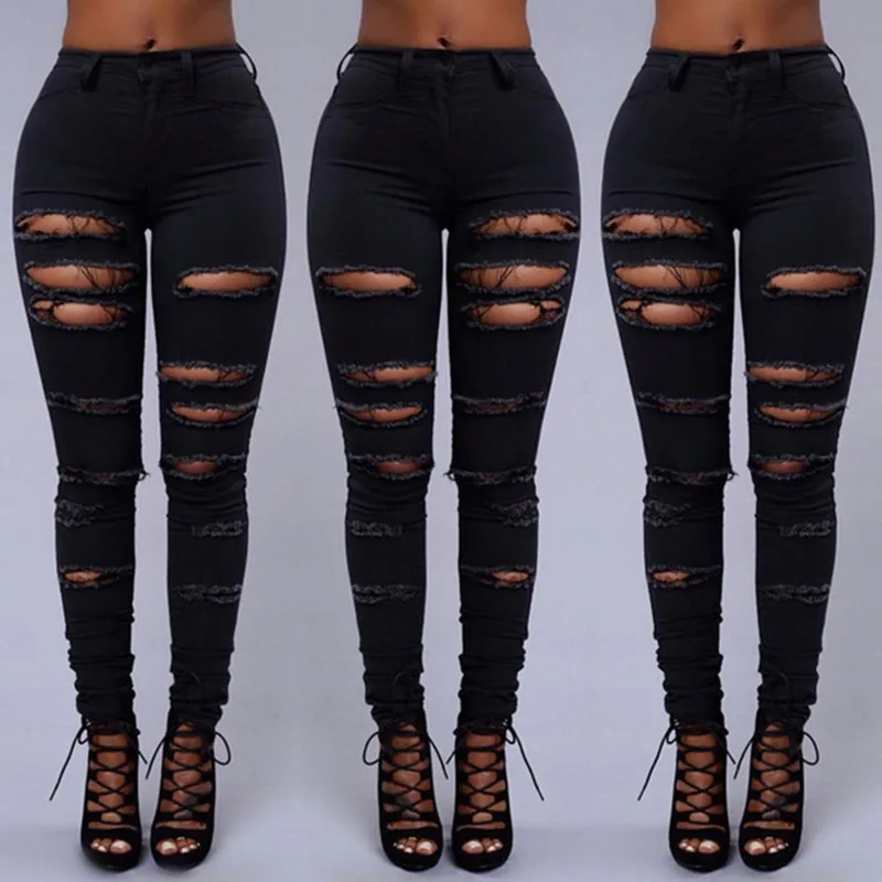 1High Waist Jeans for Women Black Ripped Female Skinny Denim PANT Casual Vintage Trousers 210514